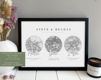 Personalised Couples Anniversary Print - Met Engaged Married | Map Gift for Her Wife Husband Girlfriend | Valentine Gift for her him