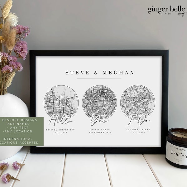 Personalised Couples Anniversary Print - Met Engaged Married | Map Gift for Her Wife Husband Girlfriend | Valentine Gift for her him