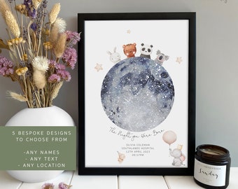 May include: A watercolor illustration of a moon with stars and a group of animals including a tiger, panda, rabbit, and koala. The text "The Night you Were Born" is written below the moon with the name Olivia Coleman, Southlands Hospital, 12th April 2023, 09.57PM.