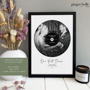 May include: Black and white photo of a couple dancing on their wedding day, printed on a vinyl record with the song lyrics surrounding the photo. The text "Our First Dance" is printed below the record with the couple's names and wedding date.