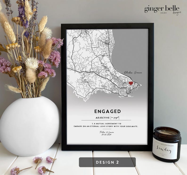 Personalized Couple Map Print - Engagement Gift, Anniversary Gift for her or him Design 2