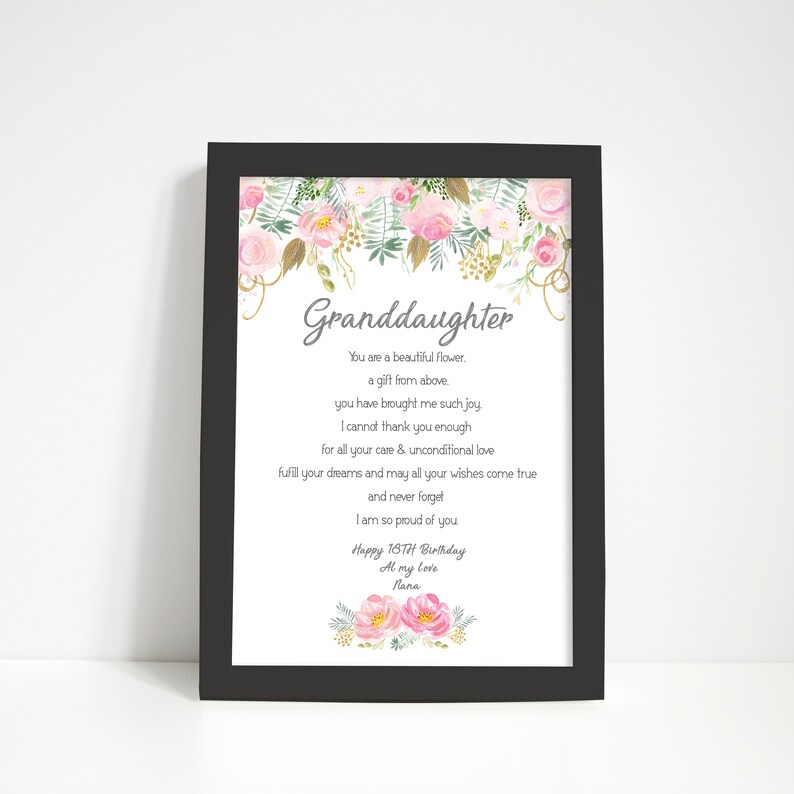 granddaughter poem print personalised birthday gift for etsy