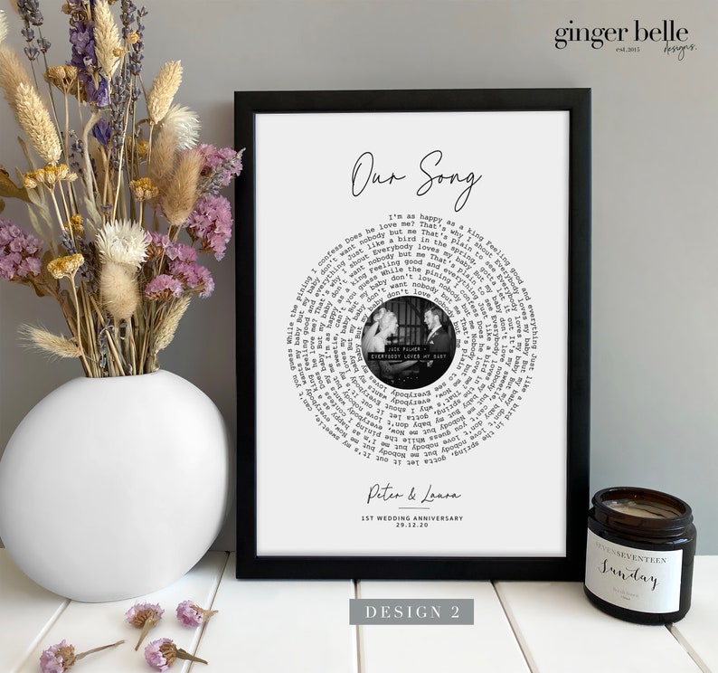 May include: A black and white photo of a couple is displayed in a circular design on a white background. The lyrics of a song are printed in a circle around the photo. The text "Our Song" is at the top of the design. The text "Peter & Laura" and "1st Wedding Anniversary 29.12.20" are at the bottom of the design.