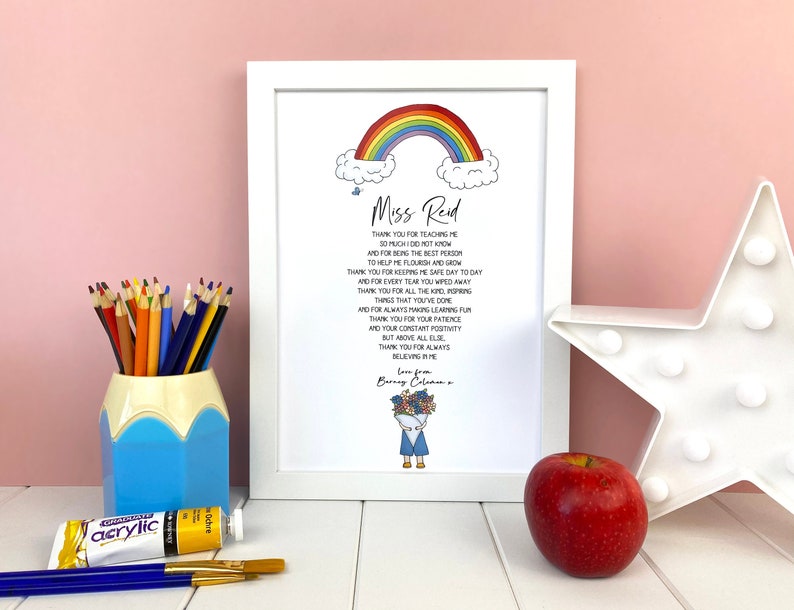 May include: A printable thank you card for a teacher with a rainbow, clouds, and a girl holding flowers. The card says "Miss Reid" and includes a poem thanking the teacher for their hard work.