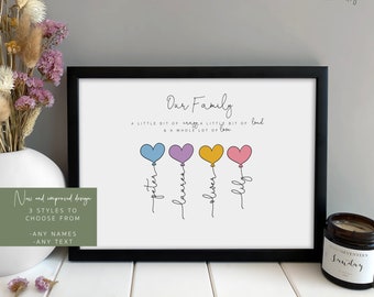 May include: A printable wall art design featuring a black frame with a white background. The design includes four colorful heart-shaped balloons with names written underneath each balloon. The text reads "Our Family, A little bit of crazy, a little bit of loud, & a whole lot of love."