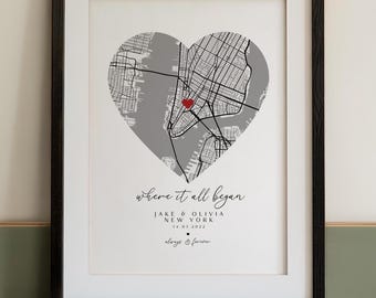 Personalized Where We Met Map Print, Anniversary Gift for her or him, Custom Engagement or Christmas Gift