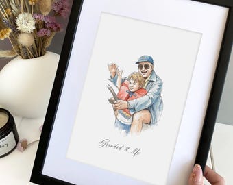 Personalized Grandfather Portrait, Hand-Drawn Artwork, Custom Grandpa Gift for Birthday, Father's Day Gift for Grandad, Gift from Grandkids