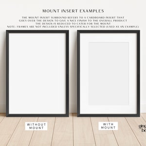 May include: Two black picture frames on a wood floor, one with a white mount insert and the other without. The text "MOUNT INSERT EXAMPLES" is at the top of the image. The text "WITHOUT MOUNT" is below the frame on the left and the text "WITH MOUNT" is below the frame on the right.