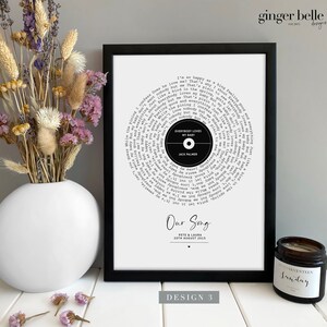 May include: Black and white printable art print with a circular design of song lyrics surrounding a record label. The record label has the text "Everybody Loves My Baby" and "Jack Palmer". The text below the record label reads "Our Song Pete & Laura 20th August 2015".
