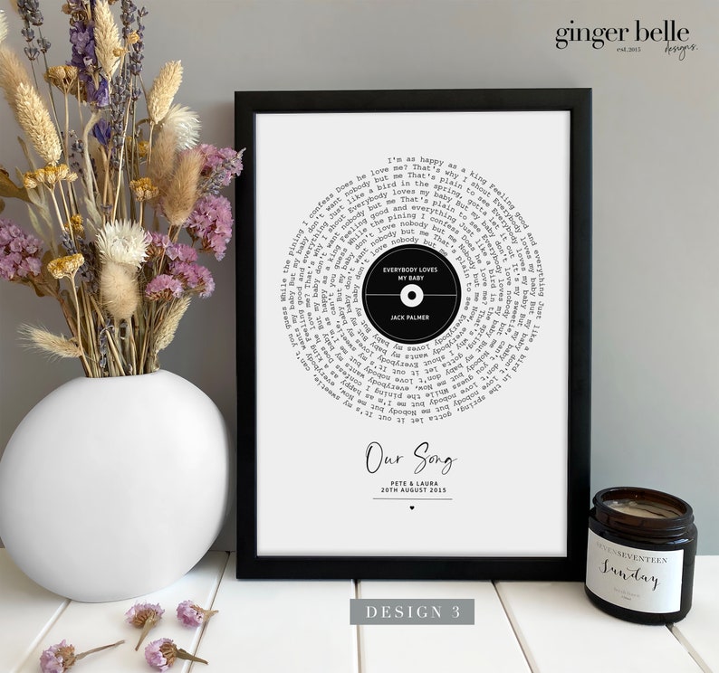 May include: Black and white printable art print with a circular design of song lyrics surrounding a record label. The record label has the text "Everybody Loves My Baby" and "Jack Palmer". The text below the record label reads "Our Song Pete & Laura 20th August 2015".