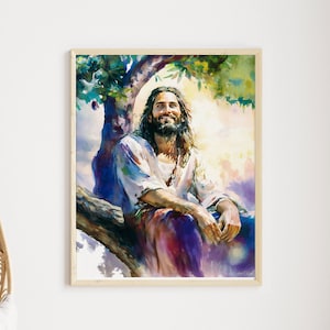 May include: A watercolor painting of Jesus sitting in a tree, smiling and looking up at the sky. The painting is framed in a light wood frame and is hanging on a white wall.