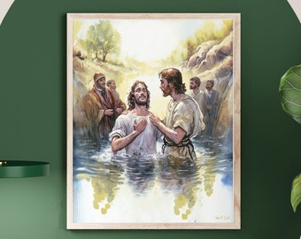 May include: A painting depicting a religious scene of a man being baptized in a river. The man is standing in the water, with his arms raised, while another man pours water over his head. There are other people standing on the riverbank, watching the baptism.