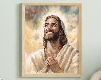 Grateful In All Things - Watercolor Art Portrait of Jesus Christ Praying, Christian Home Decor, Instant Digital Download Prints