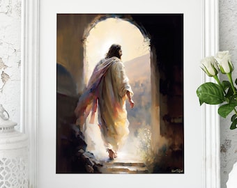 Könnte beinhalten: Ein Gemälde, das Jesus Christus zeigt, wie er aus einer Tür tritt, mit einem hellen Licht, das hinter ihm strahlt. Er trägt eine weiße Robe und hat langes braunes Haar und einen Bart. Das Gemälde ist vor dem Hintergrund einer felsigen Landschaft gemalt.