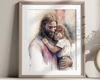 Tender Mercies - Jesus Hugging Little Girl, Watercolor Jesus Christ Art Printable for Religious Wall Decor, Instant Digital Download