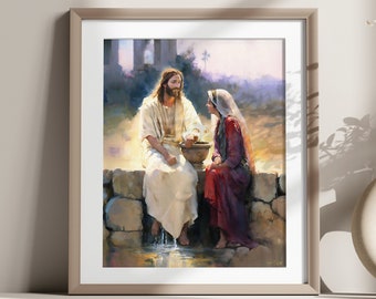 The Fountain of All Blessings - Watercolor Jesus Christ and the Woman at the Well Printable Art for Christian Home Decor, Digital Download