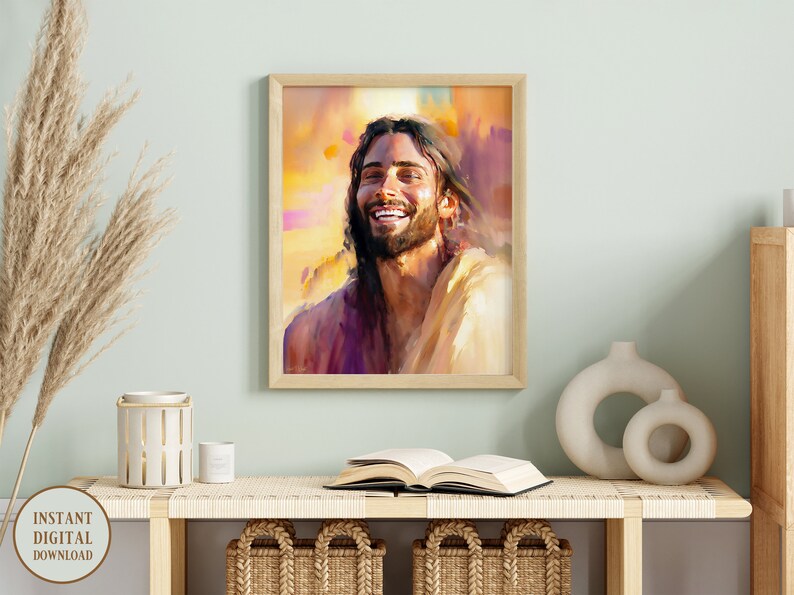 May include: A digital painting of a man with long brown hair and a beard smiling. He is wearing a white robe and the background is a watercolor wash of orange, yellow, and purple.