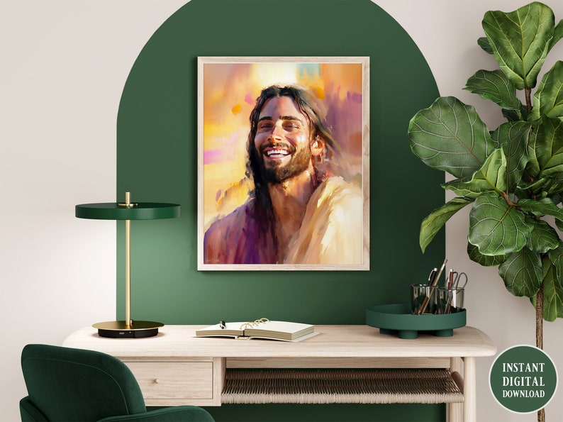 May include: A digital download of a painting depicting a man with a beard and long hair smiling. The painting is in a light brown frame and is hanging on a wall with a green background. The man is wearing a white robe and has a warm, inviting expression.