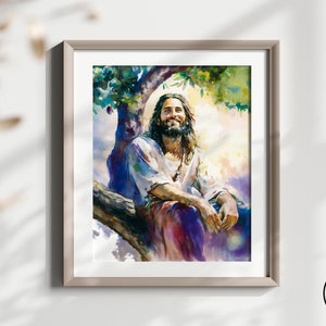 May include: A watercolor painting of Jesus sitting on a tree branch, smiling and looking up. The painting is done in a soft, muted palette of blues, greens, and pinks.