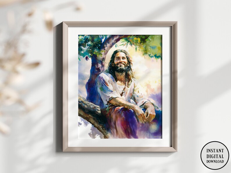 May include: A watercolor painting of Jesus sitting on a tree branch, smiling and looking up. The painting is done in a soft, muted palette of blues, greens, and pinks.