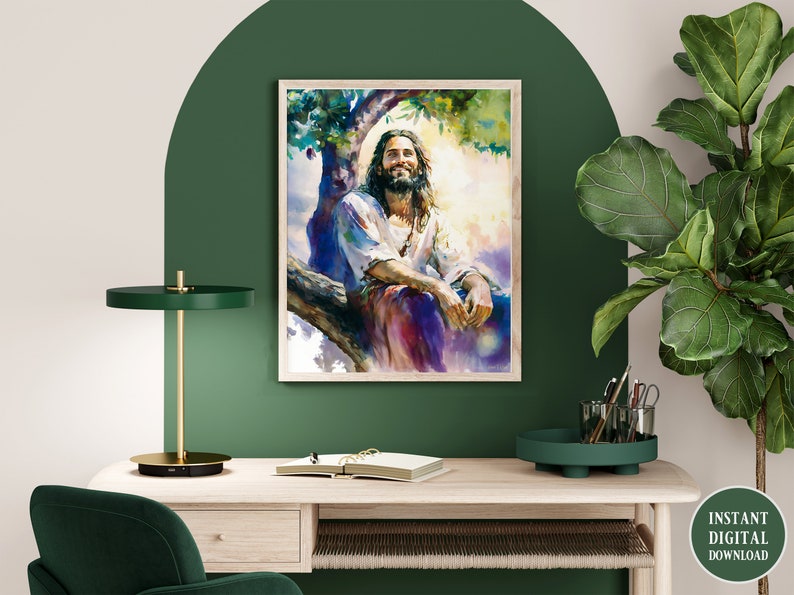 May include: A watercolor painting of a man with long hair and a beard sitting on a tree branch. He is wearing a long robe and has a peaceful expression on his face. The painting is set against a background of green trees and a bright blue sky.