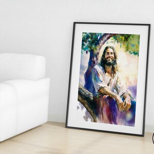 May include: A watercolor painting of a man with long hair and a beard, sitting on a tree branch. He is wearing a white robe and has a peaceful expression on his face. The background is a soft, colorful landscape.