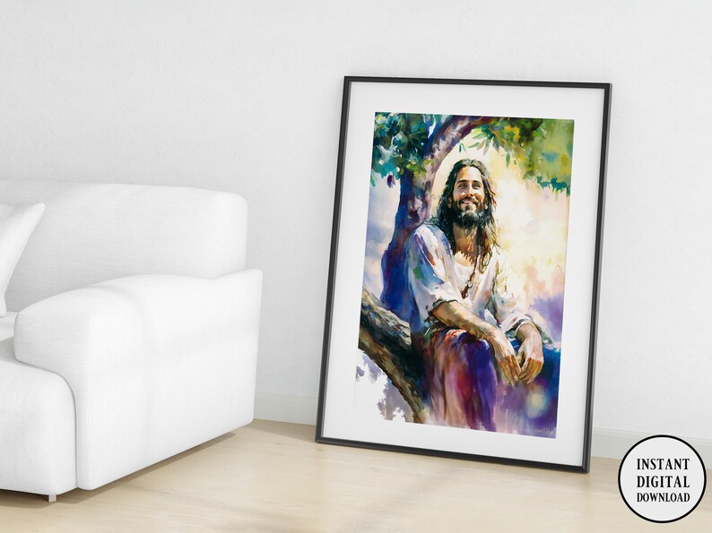 May include: A watercolor painting of a man with long hair and a beard, sitting on a tree branch. He is wearing a white robe and has a peaceful expression on his face. The background is a soft, colorful landscape.