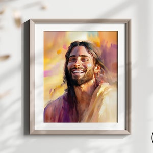 May include: A digital painting of a man with long brown hair and a beard smiling brightly. He is wearing a light brown robe and the background is a warm yellow and orange.