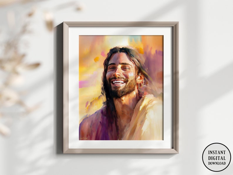 May include: A digital painting of a man with long brown hair and a beard smiling brightly. He is wearing a light brown robe and the background is a warm yellow and orange.