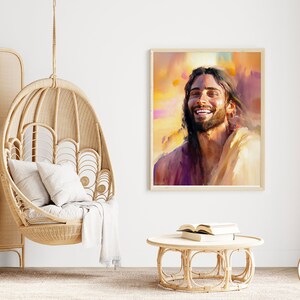 May include: A digital print of a painting depicting a smiling man with long hair and a beard. The painting is in a light brown frame and is hanging on a white wall. The background of the painting is a soft yellow and orange.