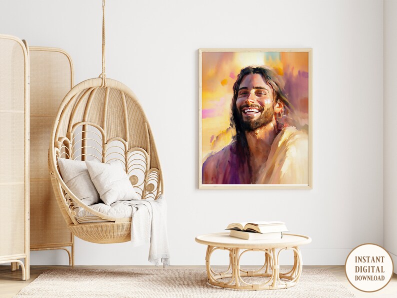 May include: A digital print of a painting depicting a smiling man with long hair and a beard. The painting is in a light brown frame and is hanging on a white wall. The background of the painting is a soft yellow and orange.