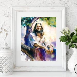 May include: A watercolor painting of Jesus sitting on a tree branch, smiling and looking up at the sky. The painting is done in shades of blue, green, and yellow, with a bright light shining down from the sky.