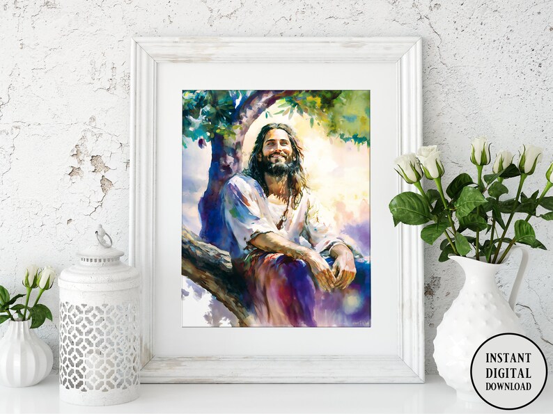 May include: A watercolor painting of Jesus sitting on a tree branch, smiling and looking up at the sky. The painting is done in shades of blue, green, and yellow, with a bright light shining down from the sky.
