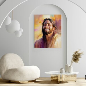 May include: A digital painting of a man with long brown hair and a beard smiling. He is wearing a light brown robe and is surrounded by a golden glow.
