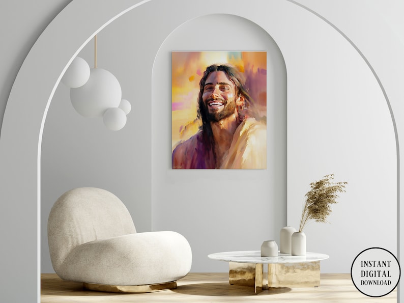 May include: A digital painting of a man with long brown hair and a beard smiling. He is wearing a light brown robe and is surrounded by a golden glow.
