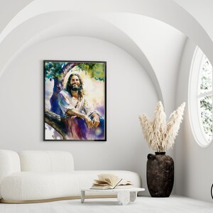 May include: A watercolor painting of a man with long hair and a beard sitting in a tree. He is smiling and looking up at the sky. The painting is done in shades of blue, green, and purple.