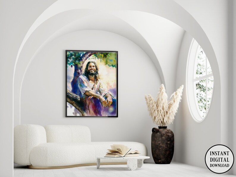 May include: A watercolor painting of a man with long hair and a beard sitting in a tree. He is smiling and looking up at the sky. The painting is done in shades of blue, green, and purple.