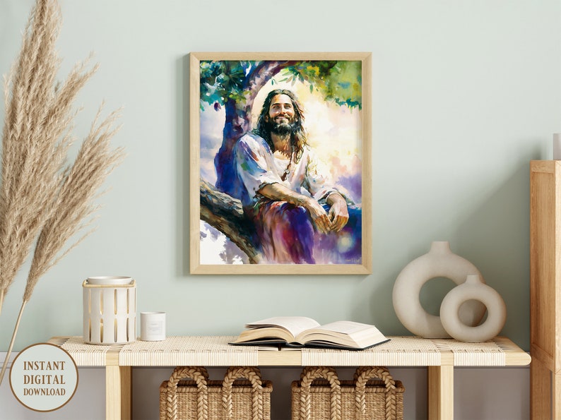 May include: A digital painting of Jesus Christ sitting on a tree branch, smiling and looking up at the sky. The painting is done in a watercolor style with bright colors and a soft, ethereal feel.