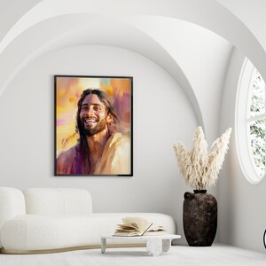 May include: A digital painting of a man with long brown hair and a beard smiling. He is wearing a light brown robe and is set against a background of warm yellow and orange colors.