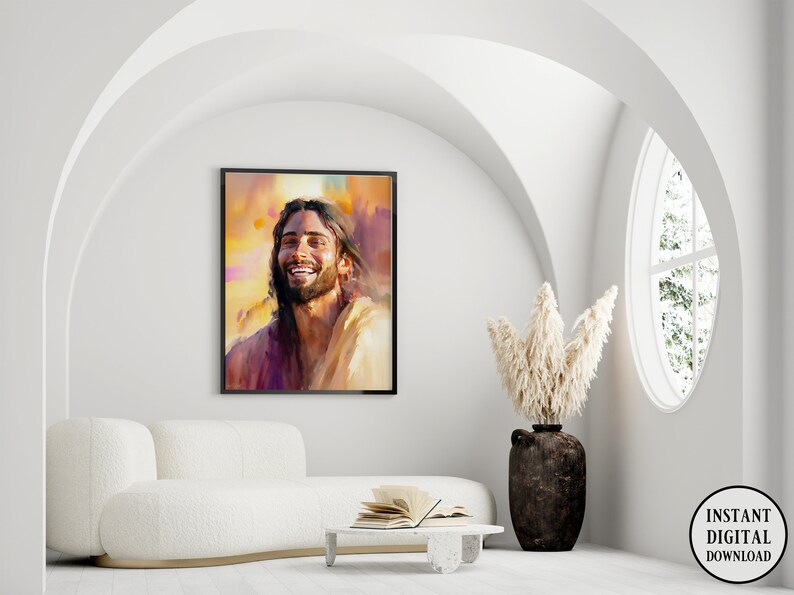 May include: A digital painting of a man with long brown hair and a beard smiling. He is wearing a light brown robe and is set against a background of warm yellow and orange colors.