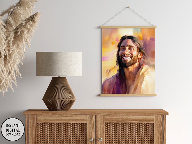 May include: A digital painting of a man with a beard and long hair smiling. He is wearing a light brown robe and the background is a warm yellow and orange.