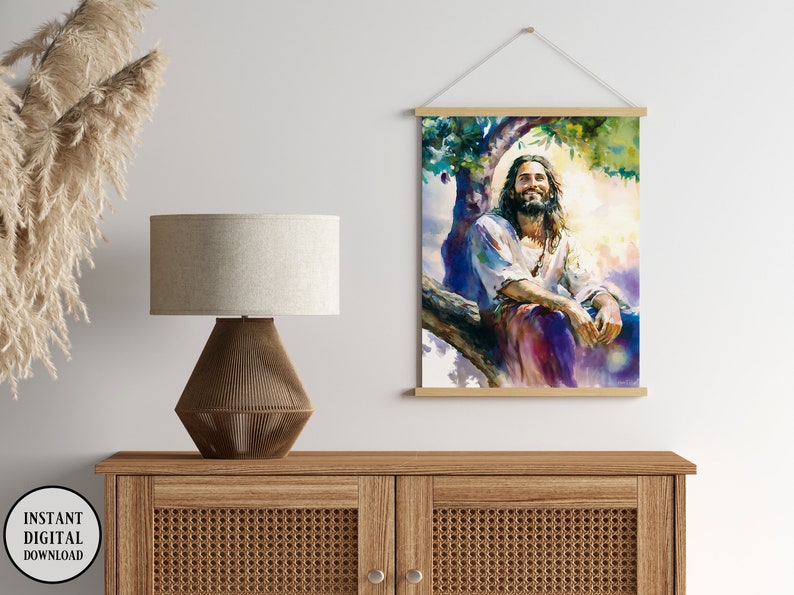 May include: A digital print of a watercolor painting depicting a man with long hair and a beard sitting on a tree branch. He is smiling and looking up at the sky. The painting is done in shades of blue, purple, and green.