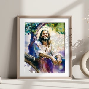 May include: A digital painting of Jesus Christ sitting in a tree, smiling and looking up. The painting is done in a watercolor style with vibrant colors.