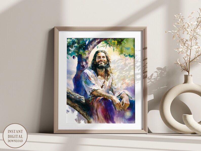 May include: A digital painting of Jesus Christ sitting in a tree, smiling and looking up. The painting is done in a watercolor style with vibrant colors.