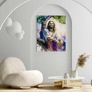 May include: A digital painting of Jesus sitting in a tree with a bright light shining behind him. The painting is in a modern living room setting with a white couch and a coffee table.