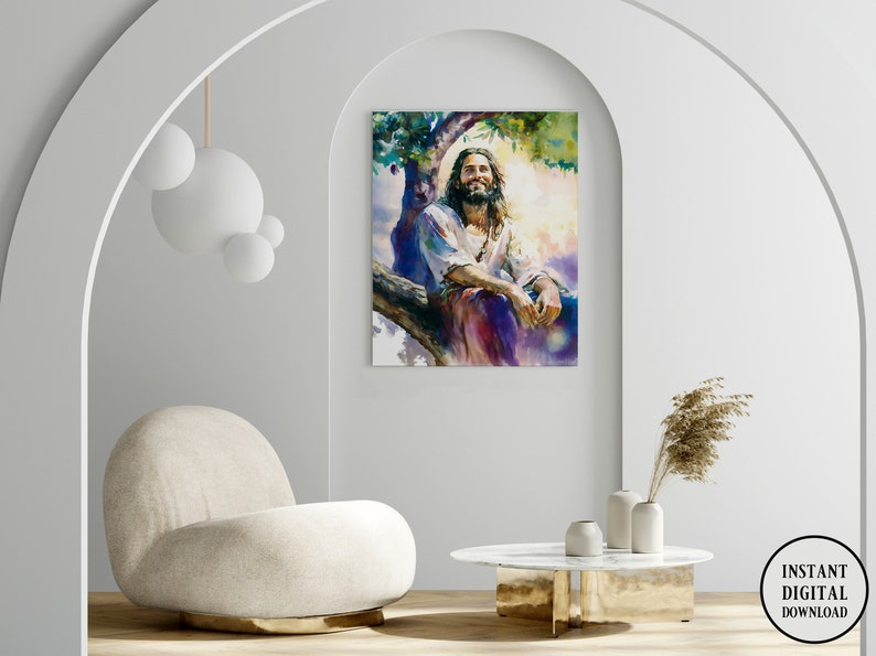 May include: A digital painting of Jesus sitting in a tree with a bright light shining behind him. The painting is in a modern living room setting with a white couch and a coffee table.