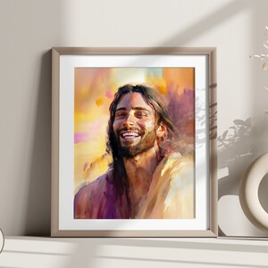 May include: A digital painting of a man with long brown hair and a beard smiling. He is wearing a light brown robe and is set against a background of warm colors.