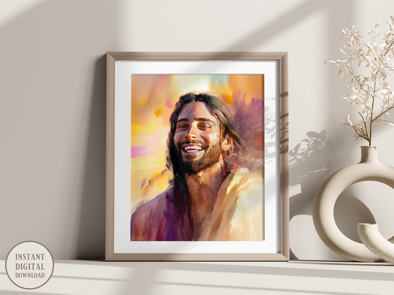 May include: A digital painting of a man with long brown hair and a beard smiling. He is wearing a light brown robe and is set against a background of warm colors.