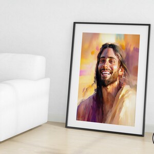May include: A digital painting of a man with long brown hair and a beard smiling. He is wearing a light brown robe and the background is a watercolor wash of yellow, orange, and purple.
