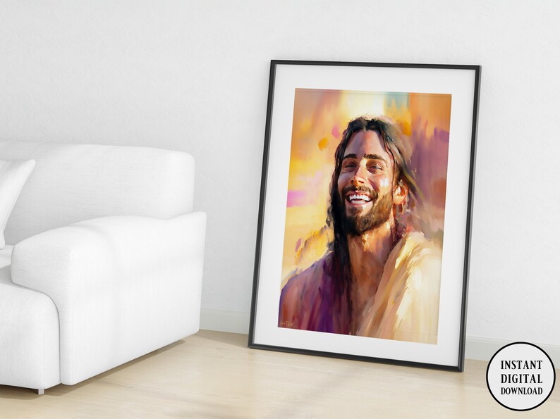 May include: A digital painting of a man with long brown hair and a beard smiling. He is wearing a light brown robe and the background is a watercolor wash of yellow, orange, and purple.